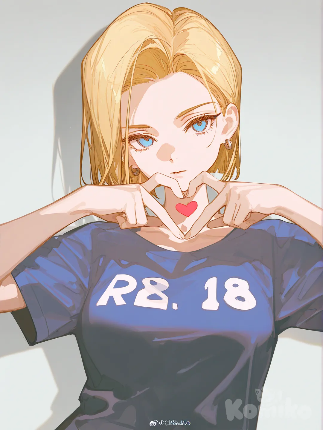 android 18, dragon ball, [dazzling-illustration-style], heart hands, t-shirt, upper body