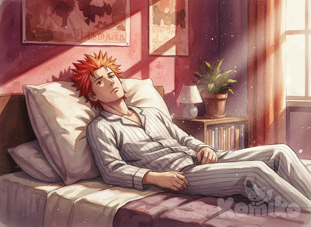 Juugo, vibrant atmosphere, vibrant color, highlights, watercolor (medium), head on pillow, pajamas, on bed, bedroom, cinematic lighting,huge man