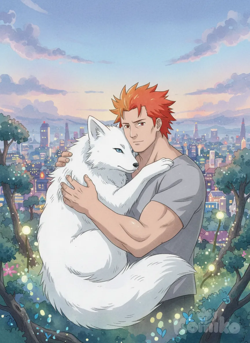 Juugo, portrait , watercolor painting,soft pastels,dreamy atmosphere, animal hug, huge man, cityscape