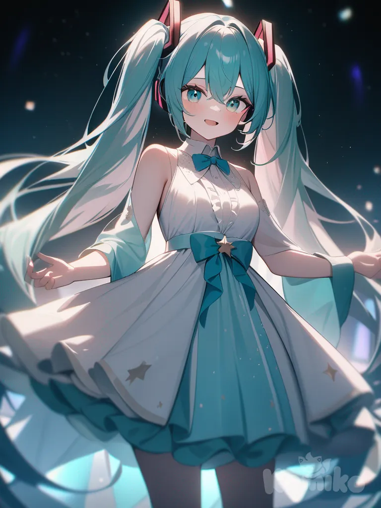 hatsune miku, star eyes, dress with shimmer and stardust, pastel colors, the night, Hatsune Miku is glowing