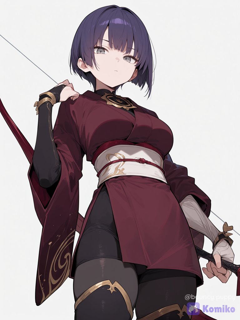 purple hair, grey eyes, holding a bow, serious, wearing a a regal, dark-red and black short kimono-bodysuit hybrid featuring long fitted sleeves, a prominent light-red obi sash, and gold accents