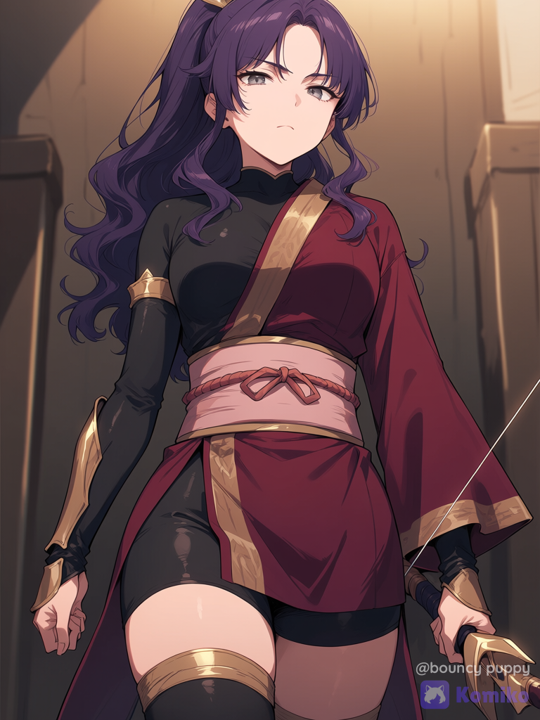 purple hair, grey eyes, holding a bow, serious, wearing a a regal, dark-red and black short kimono-bodysuit hybrid featuring long fitted sleeves, a prominent light-red obi sash, and gold accents, long wavy hair in a ponytail