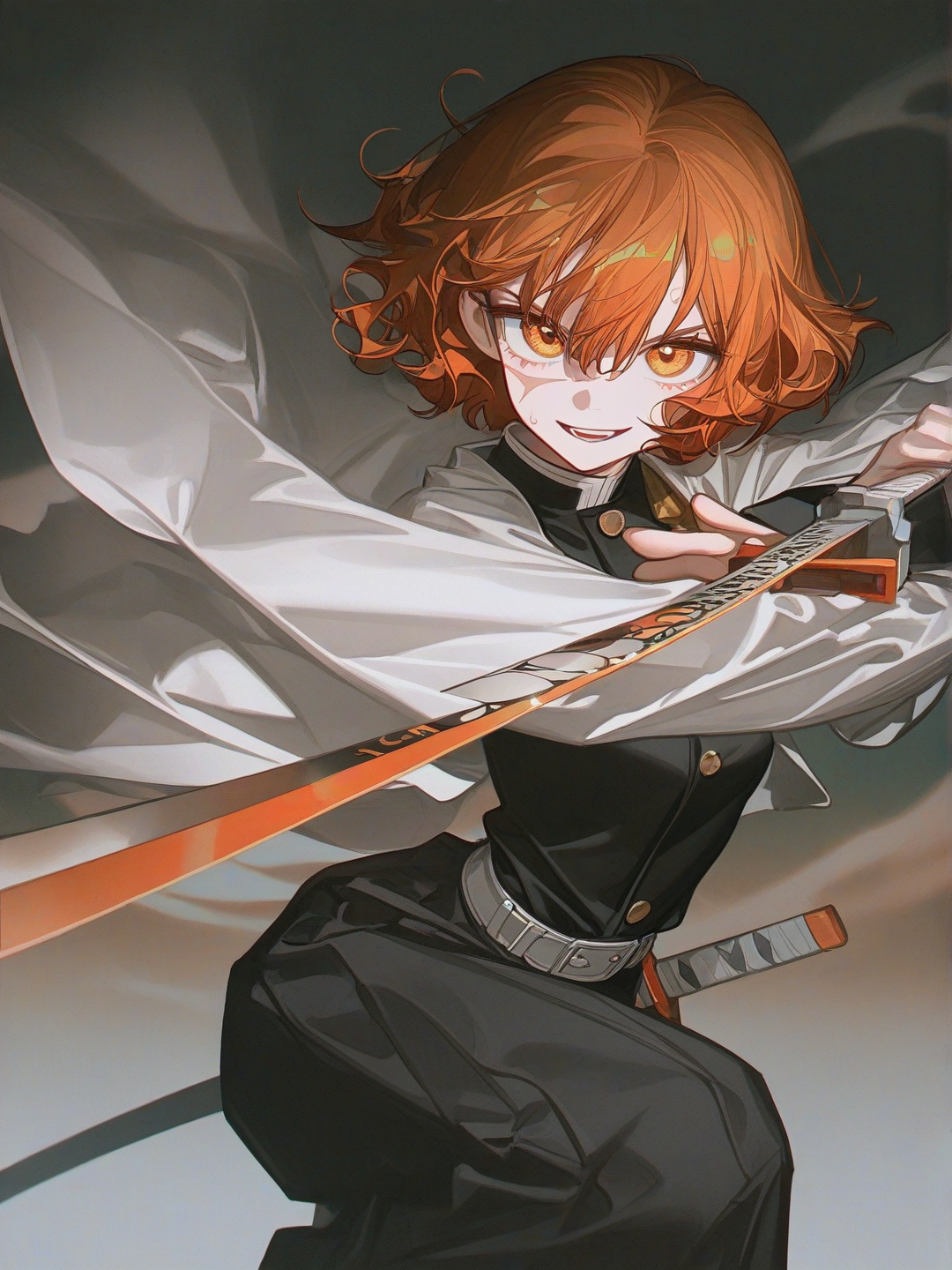 [high-contrast-glossy-style], 1girl, teenager, athletic, white and orange hair, wavy hair, short hair, amber eyes, scar, demon slayer uniform, playful grin, sword