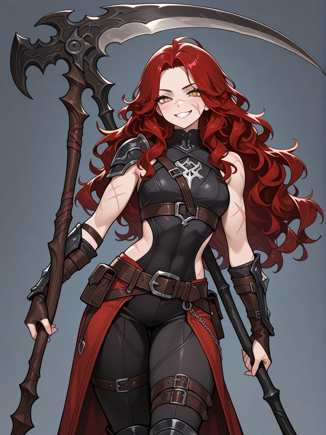 [glossy-anime-style], 1girl, teenager, athletic, black hair, red hair, long hair, wavy hair, gray eyes, scar, wears a fantasy fantasy rogue or assassin costume,playful grin, holding a sythe