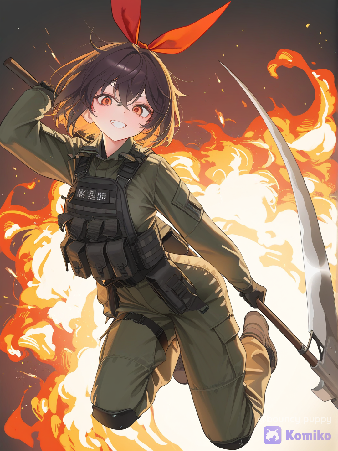 [crystal-edge-style], 1girl, amber eyes, black hair, wears something for a fight, sythe, playful grin, beautiful firey backround
