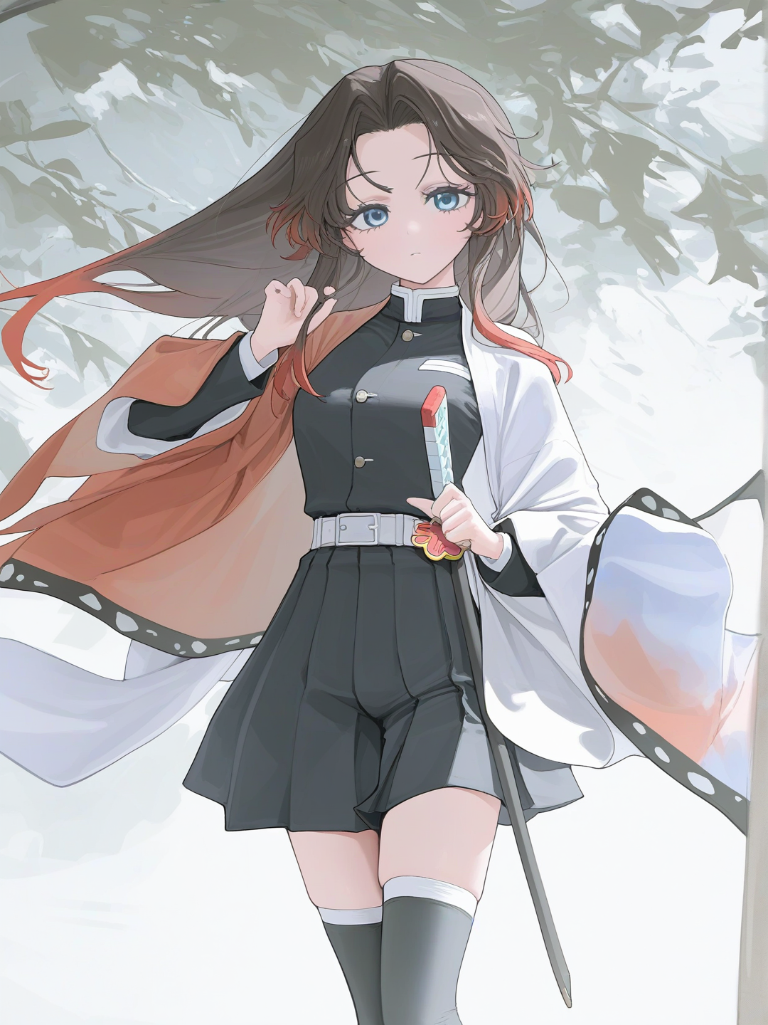 [vibrant-anime-style], 1girl, teenager, tall, brown hair, blue eyes, knee-high socks demon slayer uniform