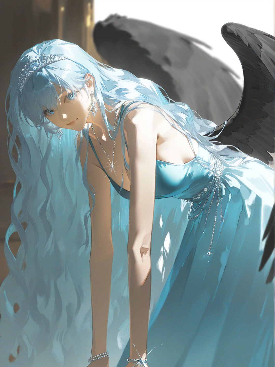 [aqua-dreamlight-style], 1girl, teenager, athletic, light blue hair, long hair, wavy hair, light blue eyes, fair skin, light blue evening dress, diamonds, necklace, earrings, crown, bracelet, black wings