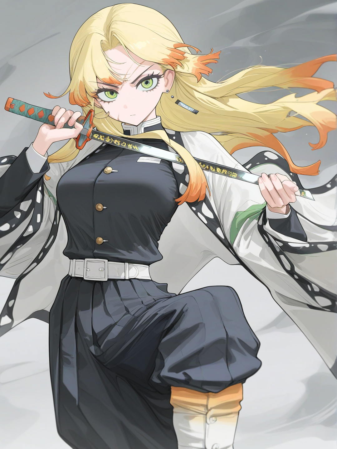 [vibrant-anime-style], girl, teenager, tall, blonde hair, green eyes, scar, earring demon slayer uniform