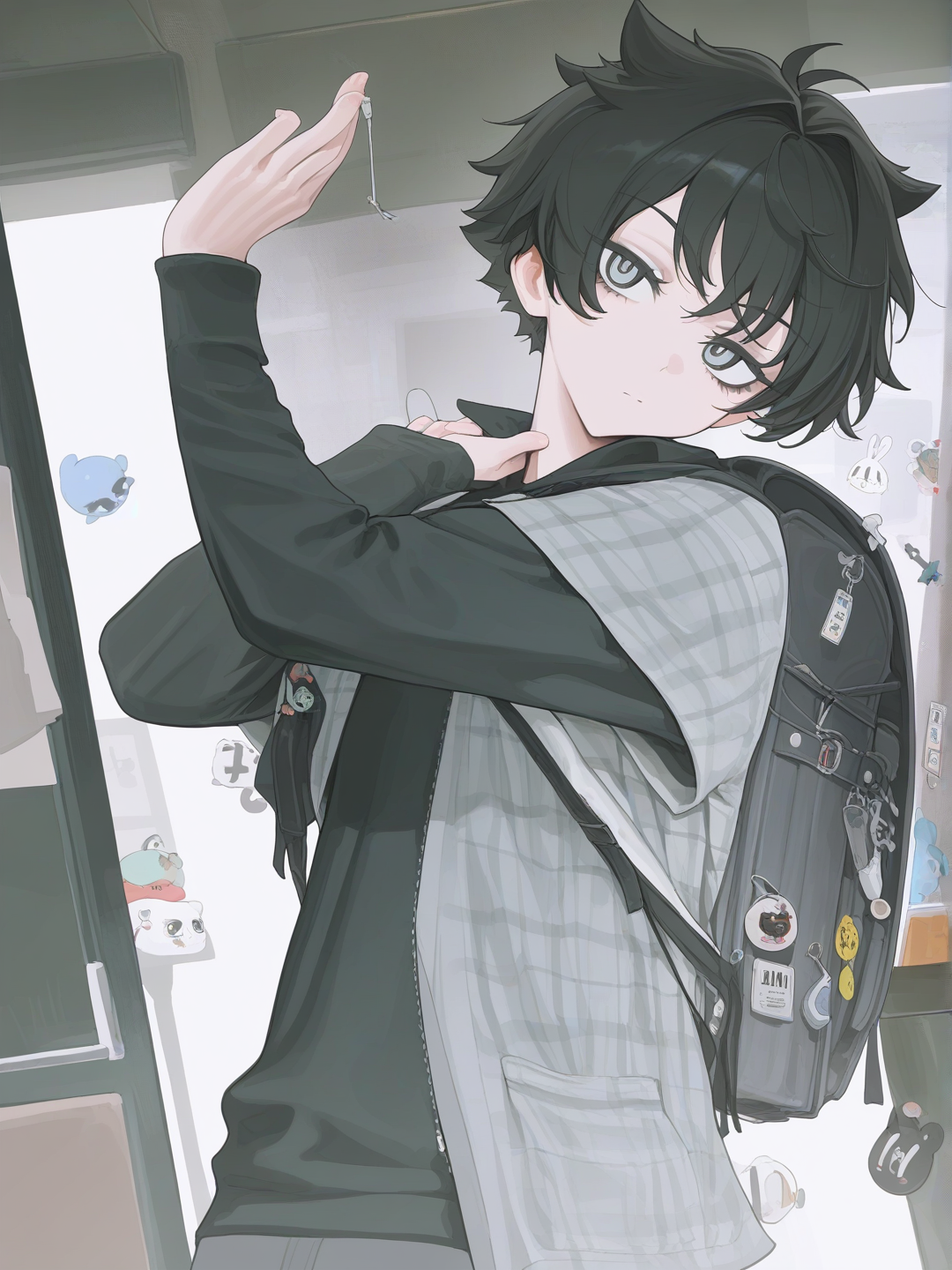 [vibrant-anime-style], 1boy, teenager, tall, black hair, gray eyes