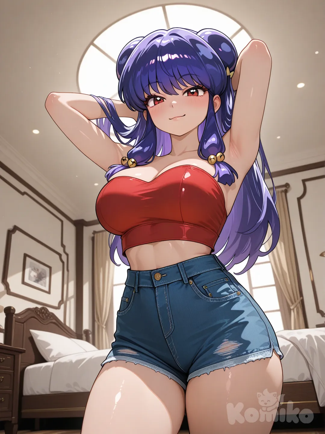 (Digital Illustration: 1.2), (Realistic anime art with 3D touches: 1.3)
(HD Eyes: 1.2), (Maximum quality, ultra-high resolution, photorealistic, 8K, incredible resolution),
A girl, alone, in her twenties, (Shampoo) from (Ranma)
(Red strapless crop top, tight: 1.3), tight blue denim shorts, direct gaze at the viewer, seductive expression.
She has long purple hair, red eyes, a slight smile, (glowing skin), (large breasts: 1.2), (thick thighs: 1.2).
Pose, high-angle shot (from below looking up: 1.1), hands raised near her chest, flirtatious pose: 1.2, standing in the center of the frame, bright lighting, shallow depth of field, slightly blurred background.
In a luxurious room, with a sumptuous bed and chair, and exquisite decor.
Spectacular cinematic lighting (Lighting: 1.1), backlighting, skin reflections, and a high level of detail (8K Resolution: 1.1).
Ultra-and ultra-fine with high-quality photorealism.
Rendered with Octane, Unreal Engine, DSLR photography, cinematic lighting, and sharp focus: 1.1 (texture on the red top and denim shorts: 1.1).