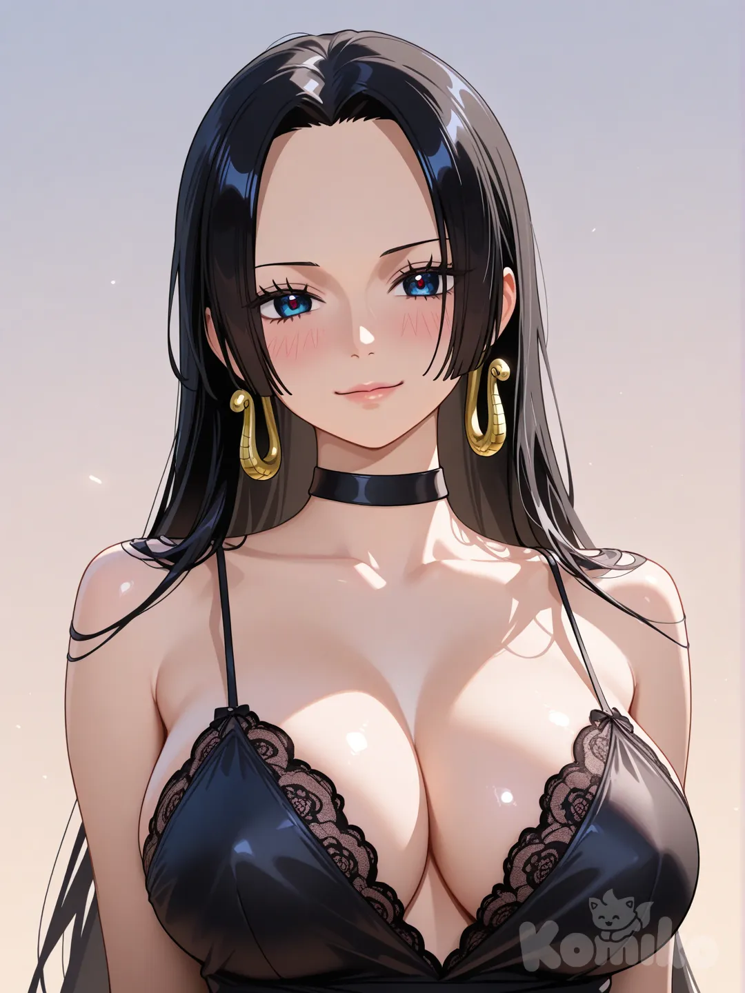 ⚡️🌸⭐️(Digital Illustration: 1.2), (Realistic Anime Art with 3D Touches: 1.3)
(HD Eyes: 1.2), (Maximum Quality, Ultra-High Resolution, Photorealistic, 16K, Incredible Resolution),
(Solo: 1.2), Boa Hancock from One Piece, long, straight, jet-black hair, heme-style haircut, high forehead, deep blue eyes, slender neck, large breasts, wearing an elegant black mini-dress with thin straps, black choker, elegant pose, looking at the viewer, soft smile, blushing.
((Background: light red gradient and cinematic lighting.))
Spectacular cinematic lighting (Lighting: 1.1), backlighting, skin reflections, and a high level of detail (16K Resolution: 1.1).
Ultra-photorealistic, and ultra-fine, with high-quality photorealism.
Rendered with Octane, Unreal Engine 5, DSLR photography, cinematic lighting, sharp focus: 1.1 (clothing and skin texture: 1.1).