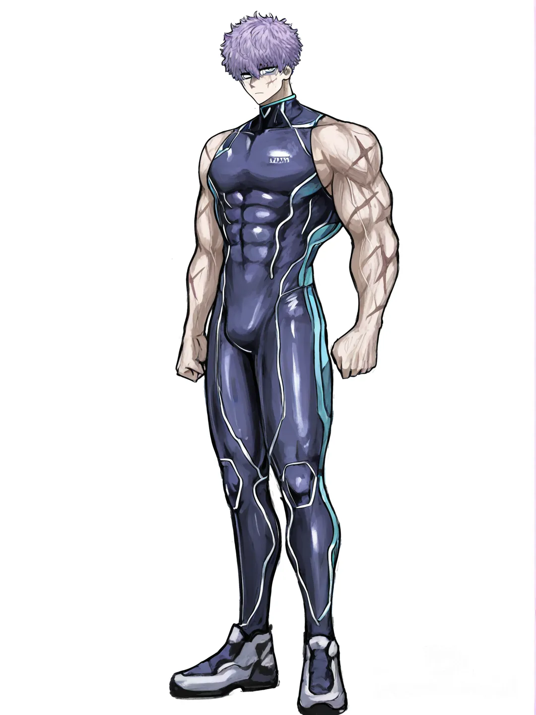 [sketchy-painterly-style] 1boy, solo, muscular, purple hair, blue eyes, scar, fair skin, teenager, school vest, diving suit, single character, full body, looking at viewer, anime style, simple background, white background