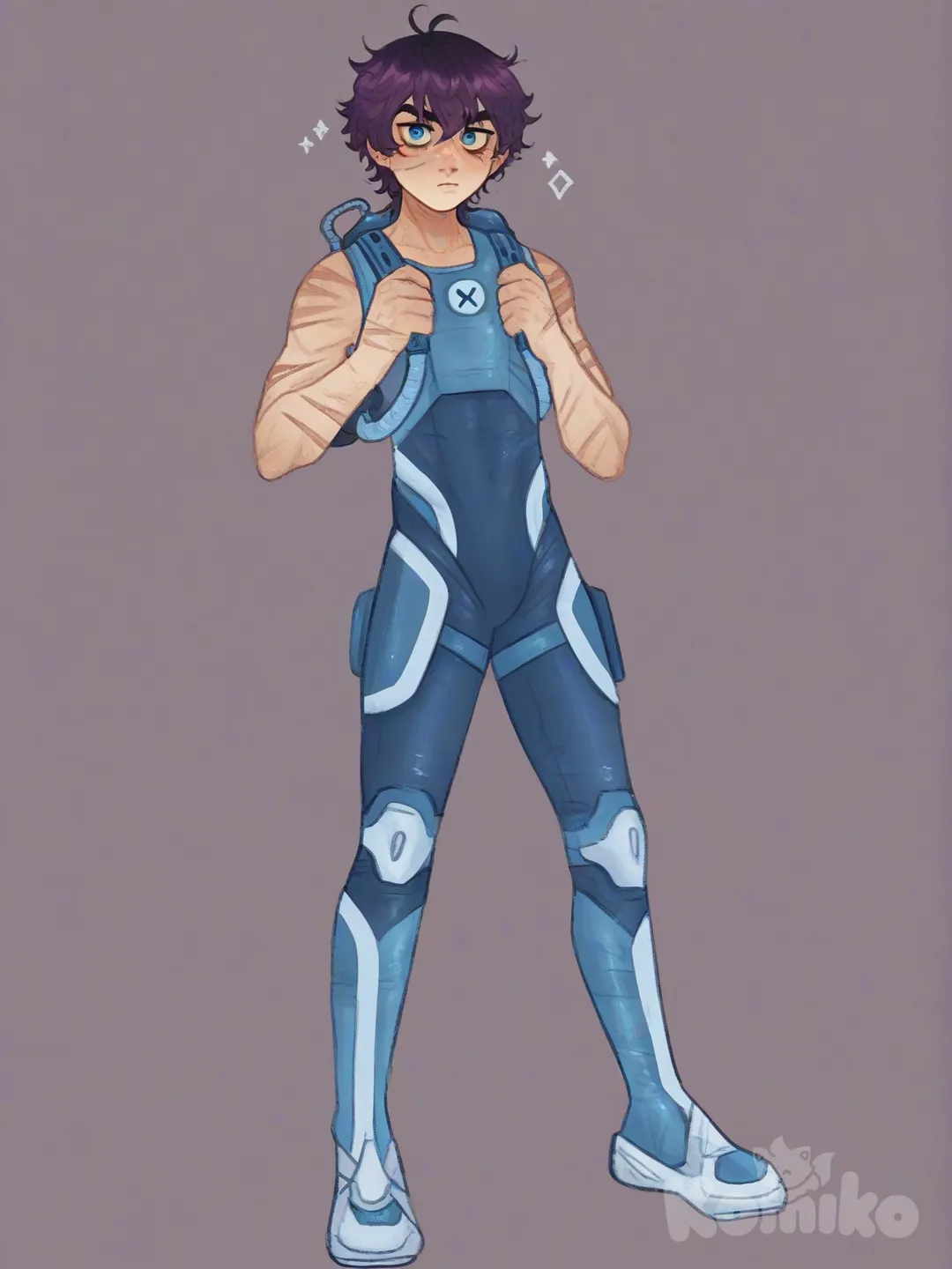 [soft-shaded-moe-style] 1boy, solo, muscular, purple hair, blue eyes, scar, fair skin, teenager, school vest, diving suit, single character, full body, looking at viewer, anime style, simple background, white background