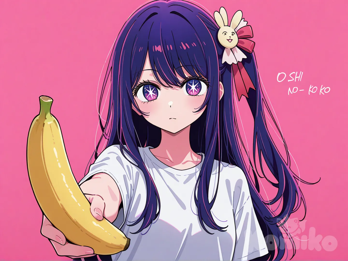 @Hoshino_Ai_(Oshi_No_Ko), t-shirt, upper body , take a banana and give it forward , expressionless