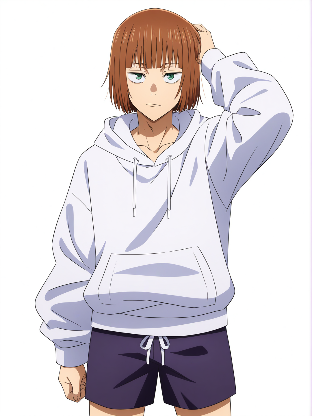 [pop-anime-style] 1boy, jujutsu_kaisen_style, teenager, athletic, brown_hair, bob_cut, green_eyes, fair_skin, hoodie, beach_shorts, single_character, full_body, looking_at_viewer, simple_background, white_background