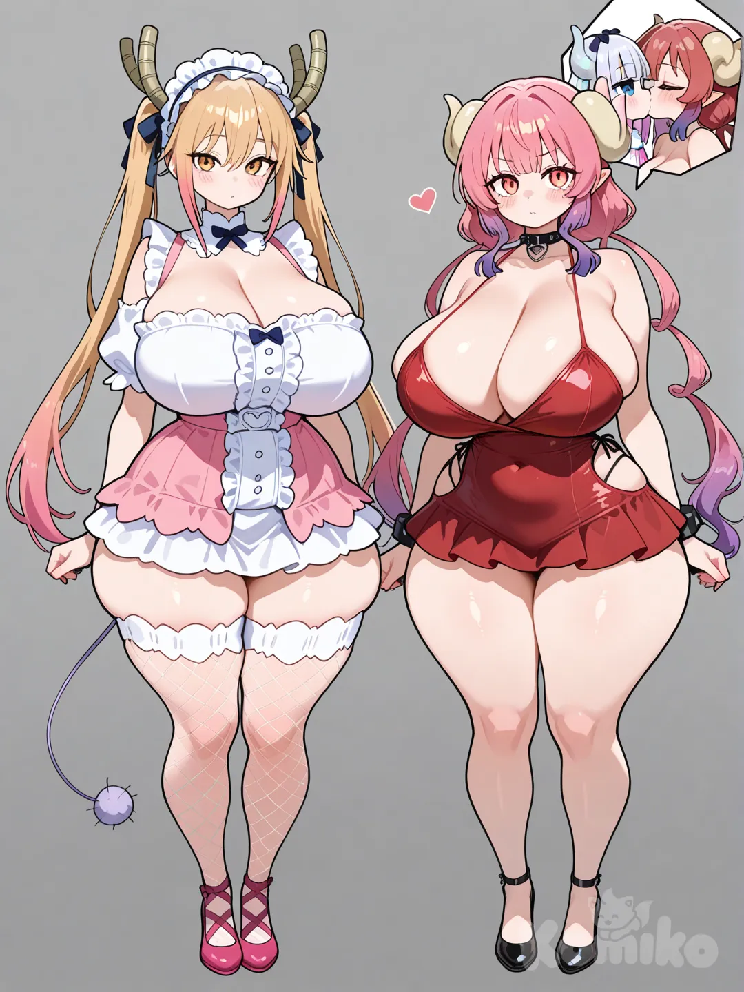 Kanna kamui, Tohru, Ilulu, lesbian, kiss, voluptuous, huge breasts, thick thighs, wide hips, huge ass, full body, multiple angles, multiple poses, fishnet thighhighs, thighs, mini dress.
