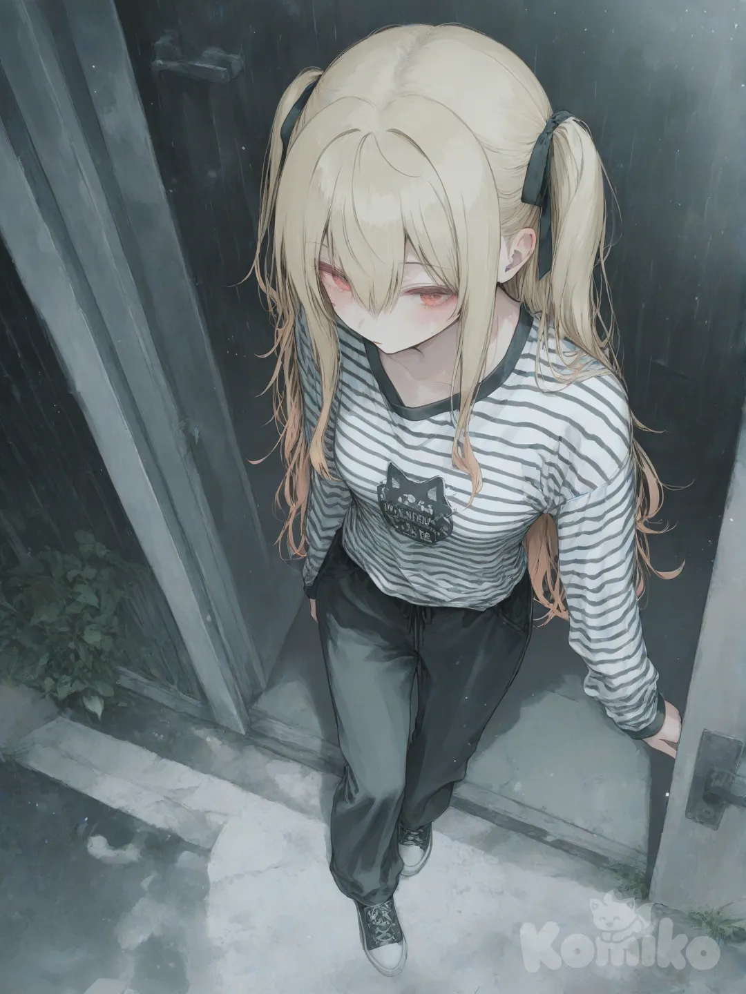 from above, [sweet-pastel-style], striped shirt, wide-leg pants, blonde hair