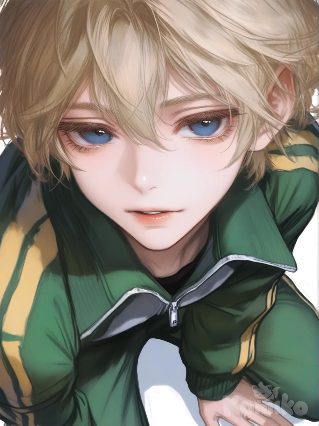 [semi-realistic-portrait-style] 1boy, oil painting, teenager, slim, tall, blonde hair, short hair, blue eyes, fair skin, tracksuit, single character, full body, looking at viewer, simple background, white background