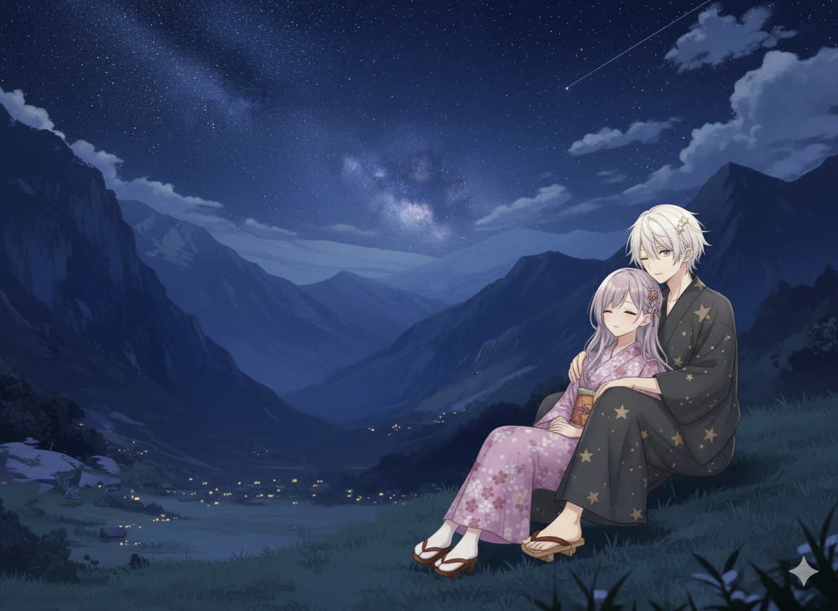 静かな山、山間から夜空を見上げる、寄り添う二人、ロマンチック、座る, anime style