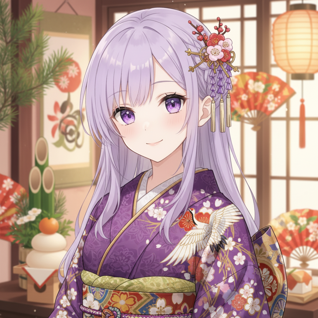 お正月、紫の着物、華やか