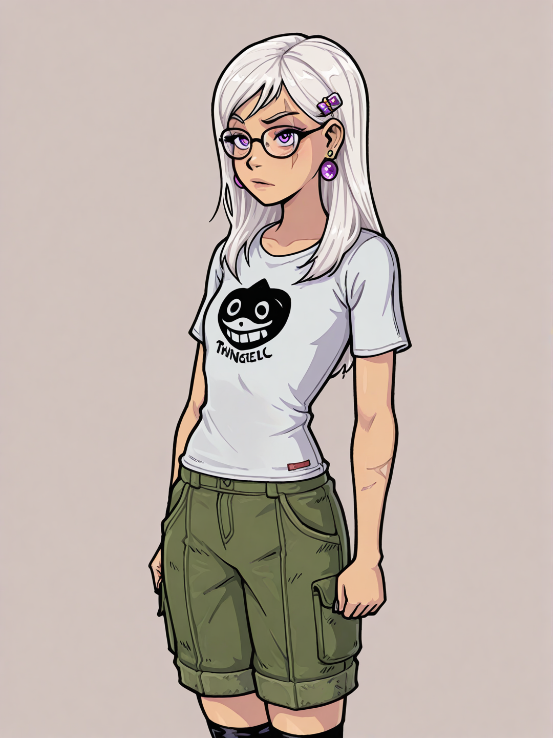 [smooth-render-style], 1girl, teenager, slim, white hair, long hair, straight hair, purple eyes, dimple, scar, t-shirt, cargo pants, knee-high socks, hair accessory, earrings, glasses