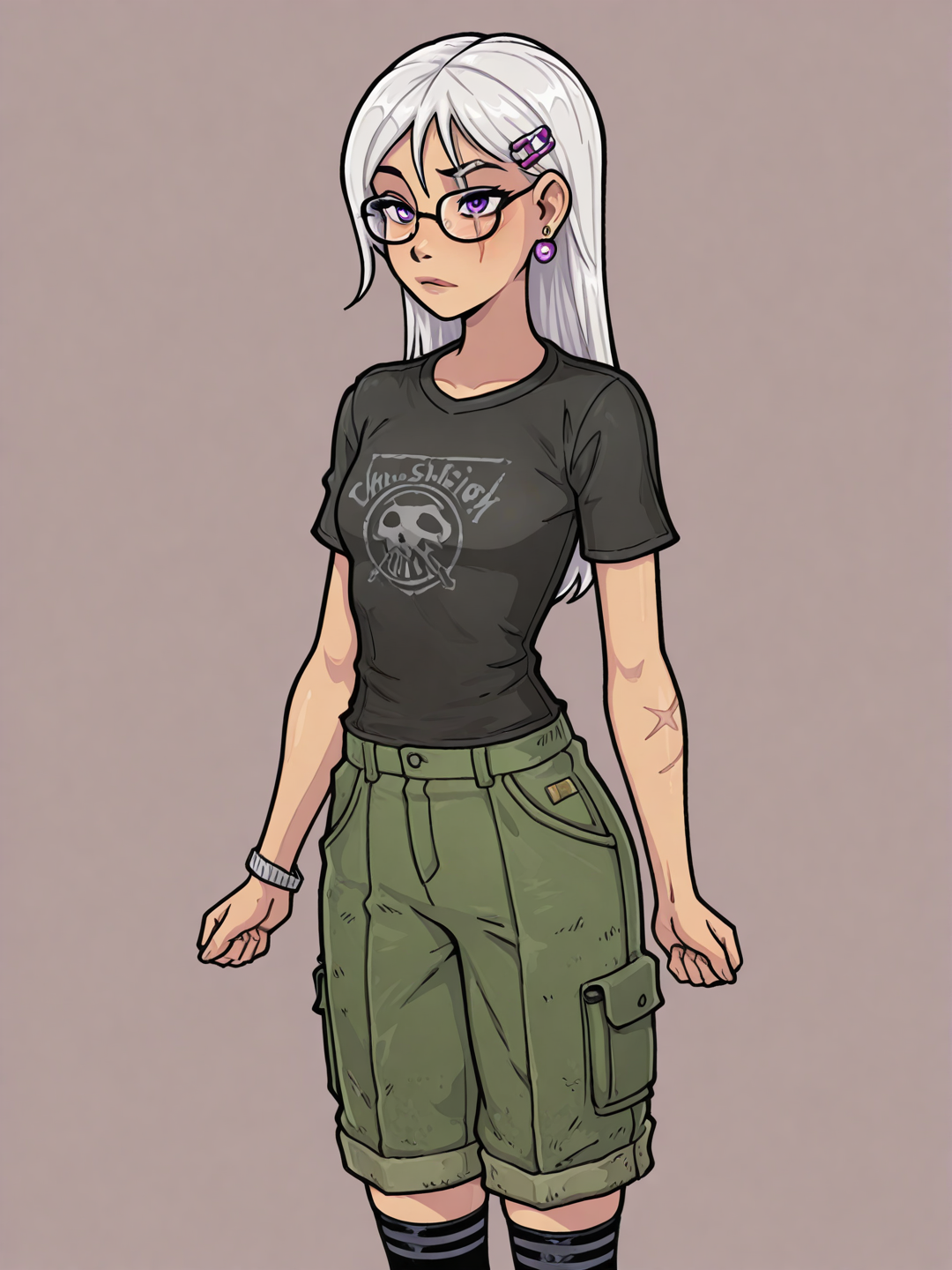 [smooth-render-style], 1girl, teenager, slim, white hair, long hair, straight hair, purple eyes, dimple, scar, t-shirt, cargo pants, knee-high socks, hair accessory, earrings, glasses