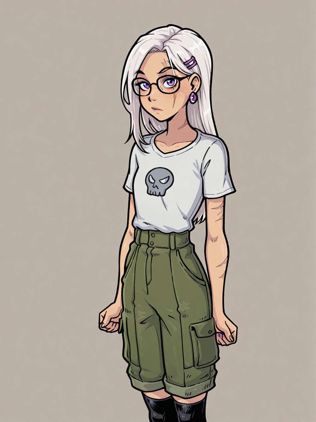 [smooth-render-style], 1girl, teenager, slim, white hair, long hair, straight hair, purple eyes, dimple, scar, t-shirt, cargo pants, knee-high socks, hair accessory, earrings, glasses