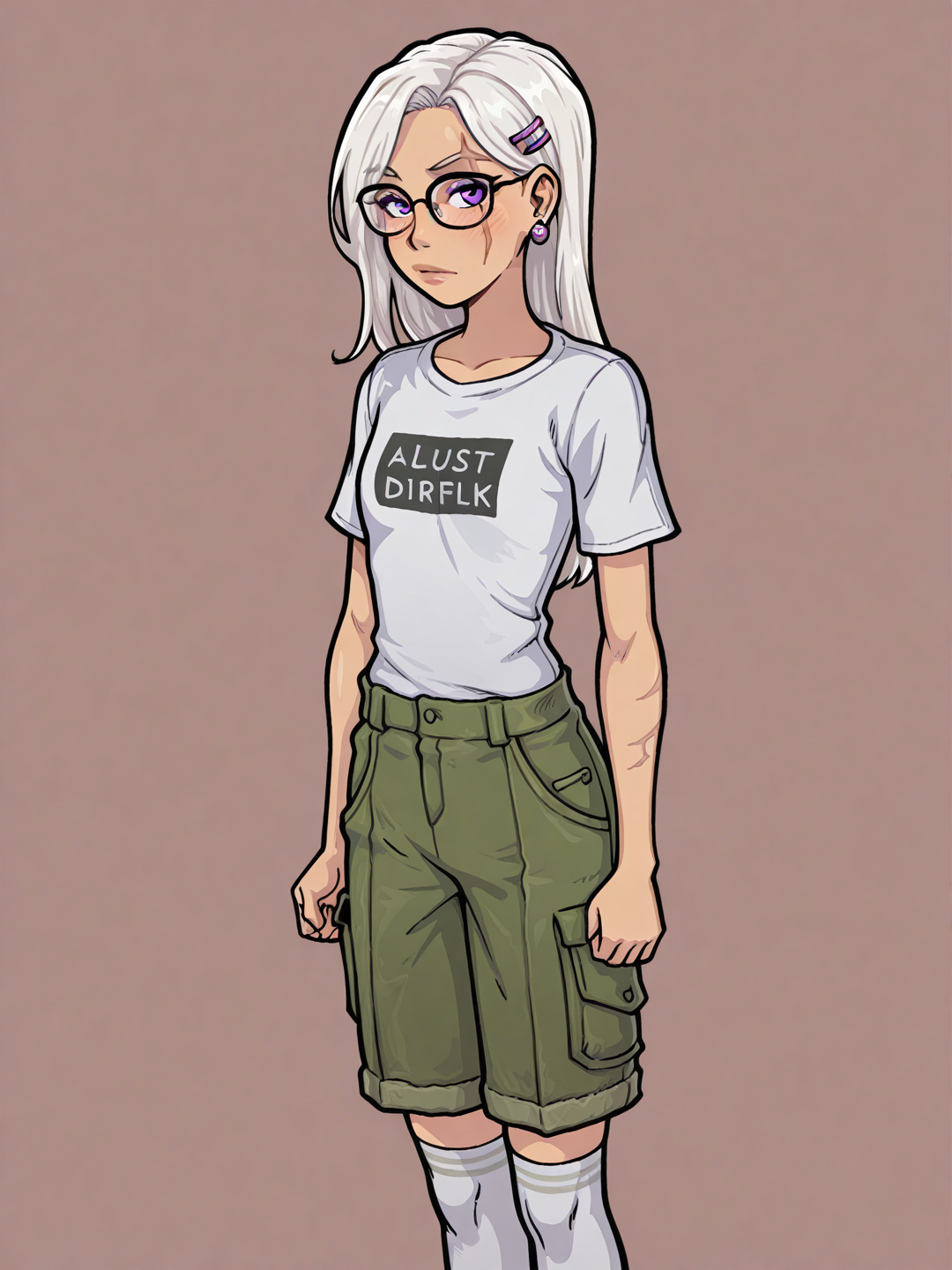 [smooth-render-style], 1girl, teenager, slim, white hair, long hair, straight hair, purple eyes, dimple, scar, t-shirt, cargo pants, knee-high socks, hair accessory, earrings, glasses