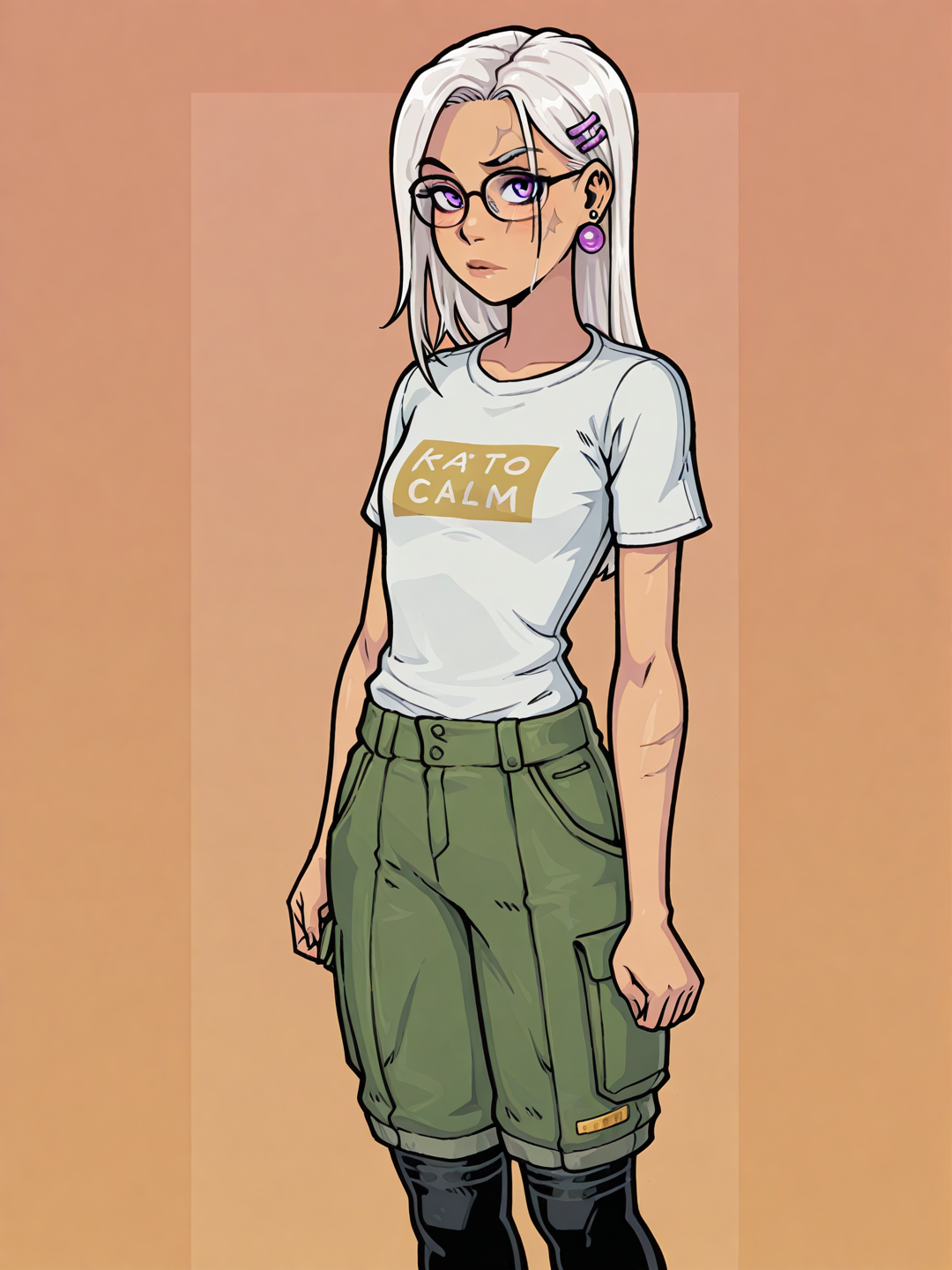 [smooth-render-style], 1girl, teenager, slim, white hair, straight hair, long hair, purple eyes, scar, dimple, t-shirt, cargo pants, earrings, hair accessory, knee-high socks, glasses