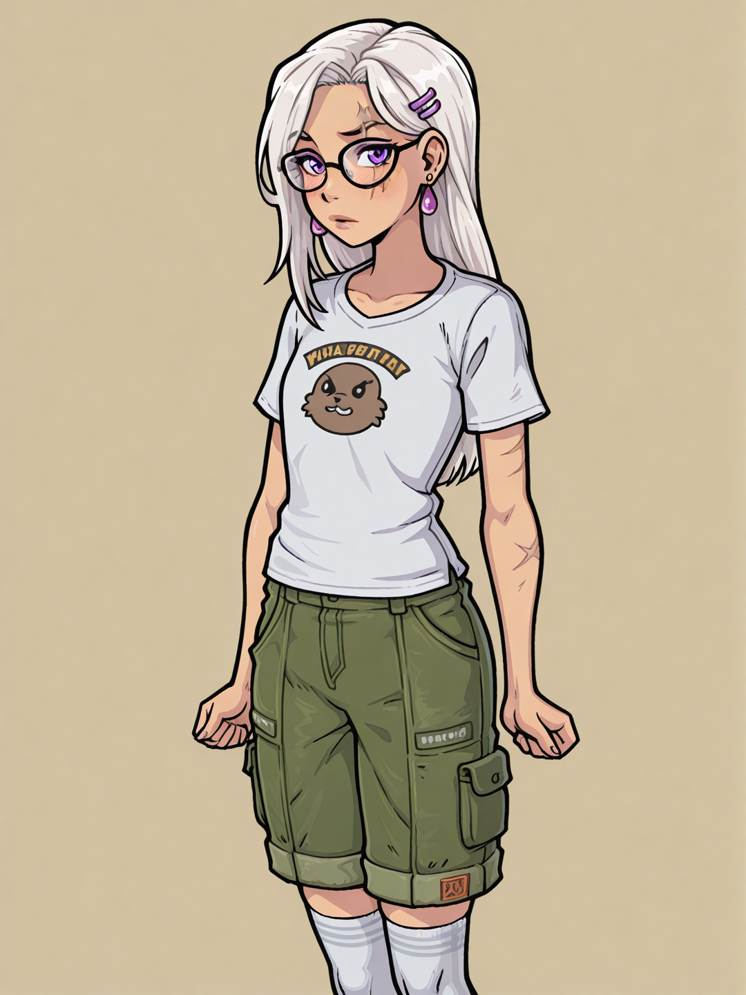 [smooth-render-style], 1girl, teenager, slim, white hair, straight hair, long hair, purple eyes, scar, dimple, t-shirt, cargo pants, earrings, hair accessory, knee-high socks, glasses