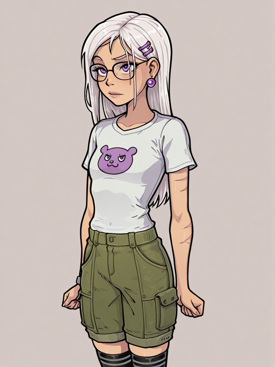 [smooth-render-style], 1girl, teenager, slim, white hair, straight hair, long hair, purple eyes, scar, dimple, t-shirt, cargo pants, earrings, hair accessory, knee-high socks, glasses
