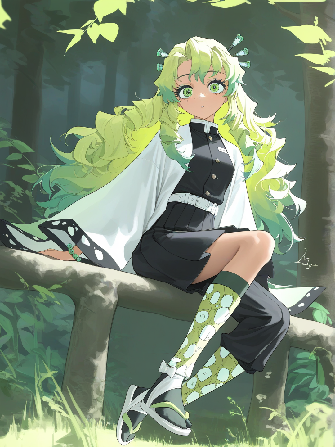 [vibrant-anime-style], 1girl, teenager, athletic, tall, slim, wavy hair, curly hair, long hair has a bun on each side but only little bits of her hair, deep forest green eyes, freckles, scar, tan skin, has the same uniform as tanjiro, but for girls, has a haori colored hex code: 60X120, with dark pastel green colored grass at the bottom, and the ends of the sleeve, and haori also has different shades of pastel green sparkles near the ends of the haori, has white sandals, with forest green toeplug, and also has a traditional Japanese green hair stick, along with a jade bracelet