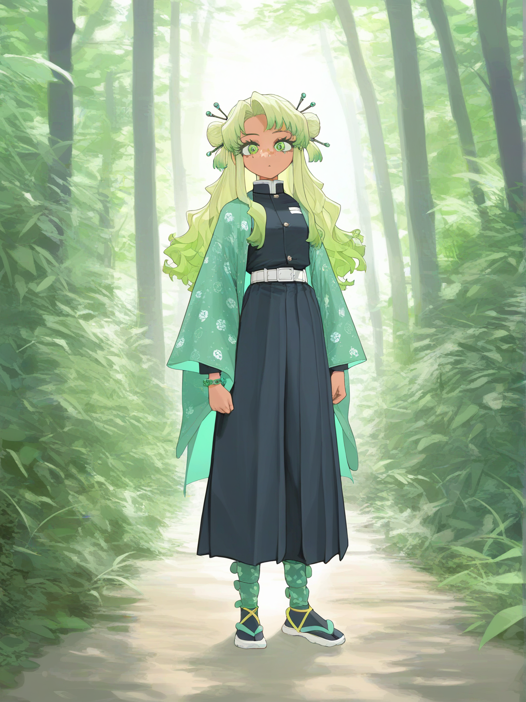 [vibrant-anime-style], 1girl, teenager, athletic, tall, slim, wavy hair, curly hair, long hair has a bun on each side but only little bits of her hair, deep forest green eyes, freckles, scar, tan skin, has the same uniform as tanjiro, but for girls, has a haori colored hex code: 60X120, with dark pastel green colored grass at the bottom, and the ends of the sleeve, and haori also has different shades of pastel green sparkles near the ends of the haori, has white sandals, with forest green toeplug, and also has a traditional Japanese green hair stick, along with a jade bracelet