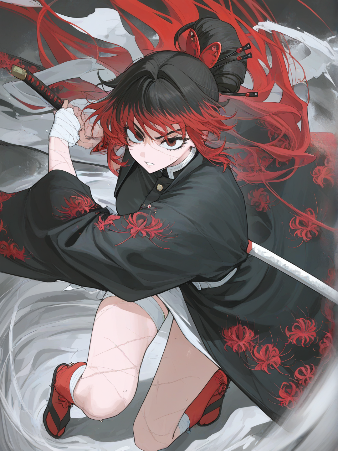 [vibrant-anime-style], 1girl, Black long hair in the shape of maomao’s hair from the Apothecary diaries, with red bows at the end, black sandals with red middle, black haori with red spider Lillie’s at the ends of it, dark brown eyes, red socks with black spider Lillie patterns on it, bandages on arms and legs, scars, fair skin, black, and red sword, Fighting the character Douma from demon slayer, athletic, tall, curvy, slim