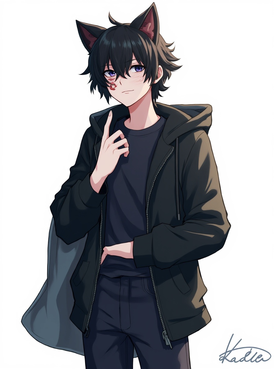 1boy, demon, teenager, athletic, tall, slim, black hair, spiky hair, gray eyes, scar, dark skin, hoodie, casual pants, wolf ears, demon slayer style, single character, full body, looking at viewer, anime style, simple background, white background