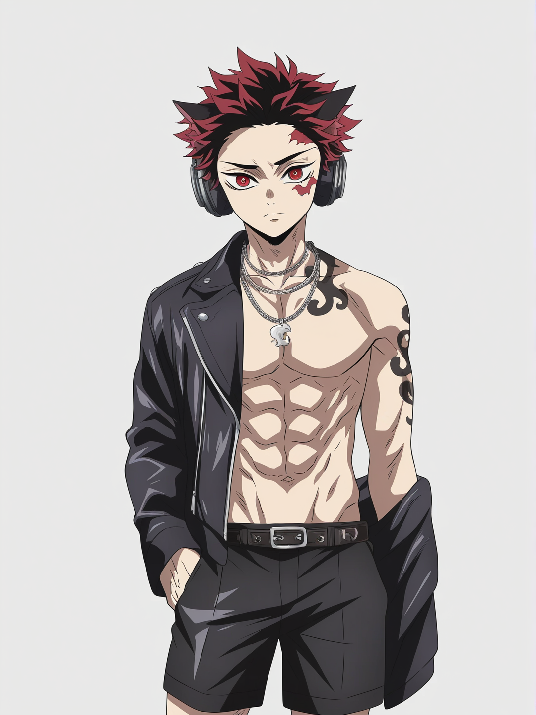 [bright-anime-style] 1boy, demon, wolf_ears, kimetsu_no_yaiba, teenager, tall, athletic, slim, spiky_hair, red_hair, black_hair, red_eyes, tattoo, pale_skin, leather_jacket, punk, beach_shorts, tuxedo, necklace, headphones, single_character, full_body, looking_at_viewer, anime_style, simple_background, white_background