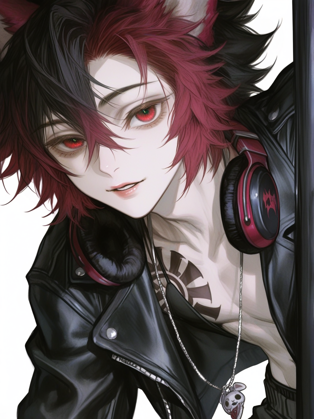 [semi-realistic-portrait-style] 1boy, demon, wolf_ears, kimetsu_no_yaiba, teenager, tall, athletic, slim, spiky_hair, red_hair, black_hair, red_eyes, tattoo, pale_skin, leather_jacket, punk, beach_shorts, tuxedo, necklace, headphones, single_character, full_body, looking_at_viewer, anime_style, simple_background, white_background