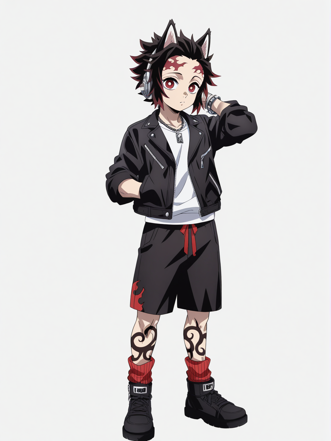 [pop-anime-style] 1boy, demon, wolf_ears, kimetsu_no_yaiba, teenager, tall, athletic, slim, spiky_hair, red_hair, black_hair, red_eyes, tattoo, pale_skin, leather_jacket, punk, beach_shorts, tuxedo, necklace, headphones, single_character, full_body, looking_at_viewer, anime_style, simple_background, white_background