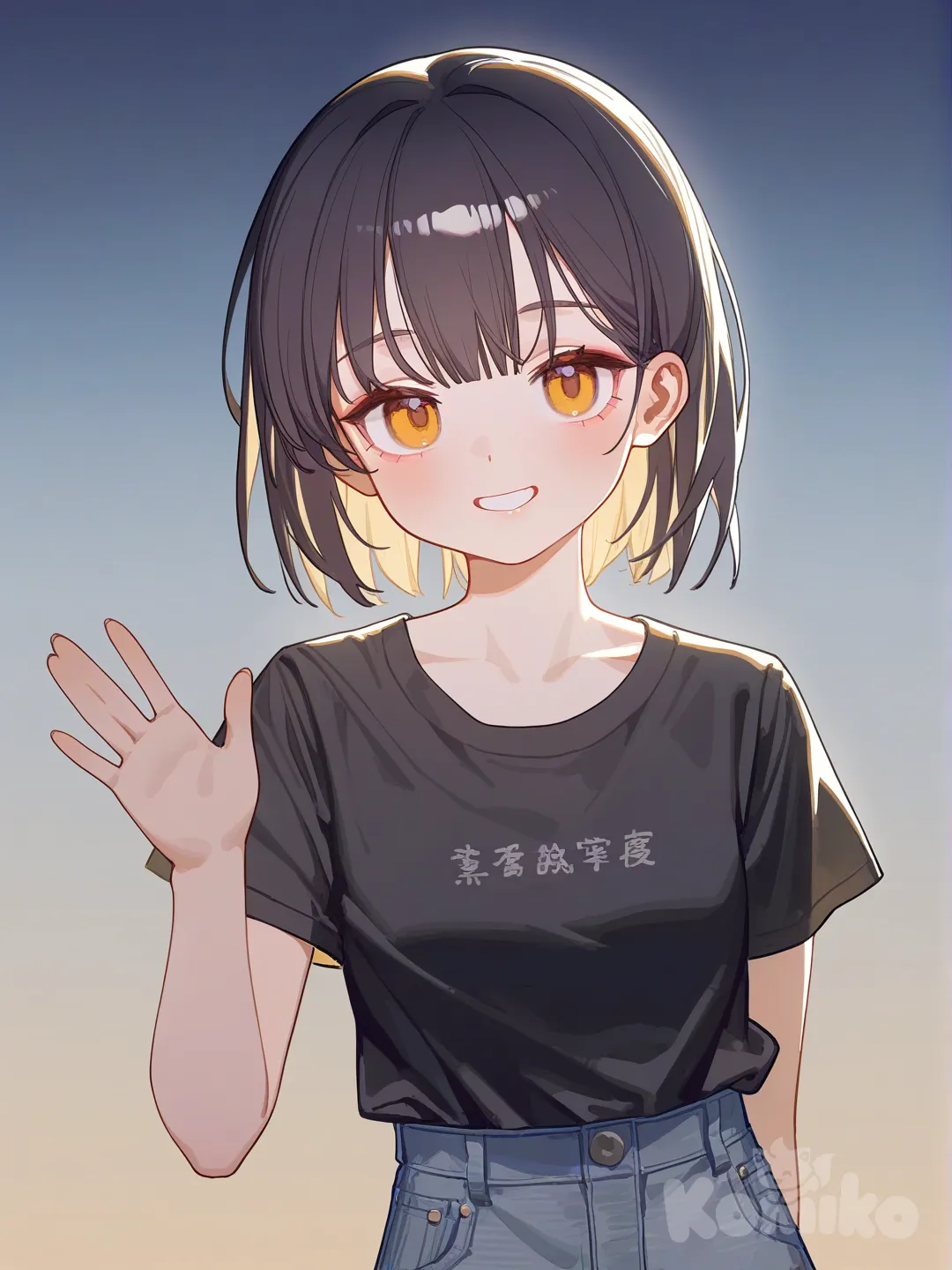 1girl, waving, blush, smile, t-shirt, denim skirt, navy blue, charcoal black, upper body, twilight, gradient background, [lacquered-illustration-style]
