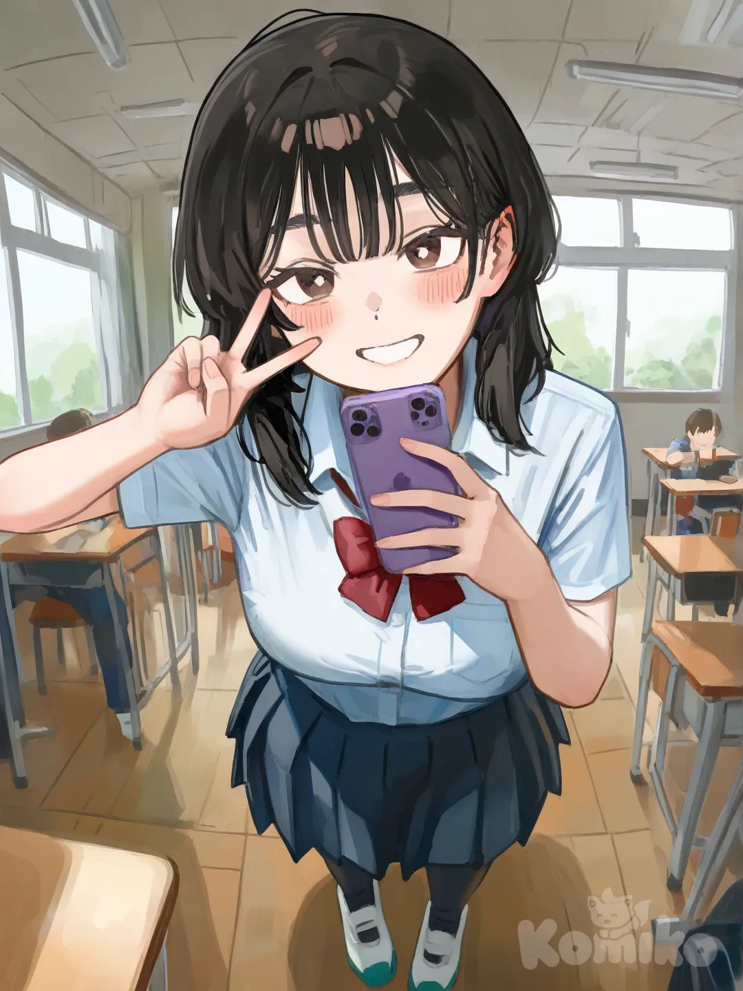 1boy, 1girl, 2people, full body, day, classroom, [radiant-coating-style], looking at phone, v sign