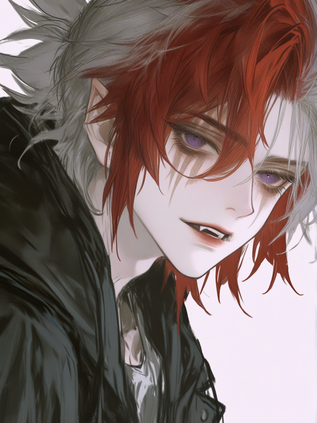 [semi-realistic-portrait-style] 1boy, vampire, teenager, athletic male, silver hair, red hair, spiky hair, purple eyes, scar, pale skin, single character, full body, looking at viewer, anime style, simple background, white background