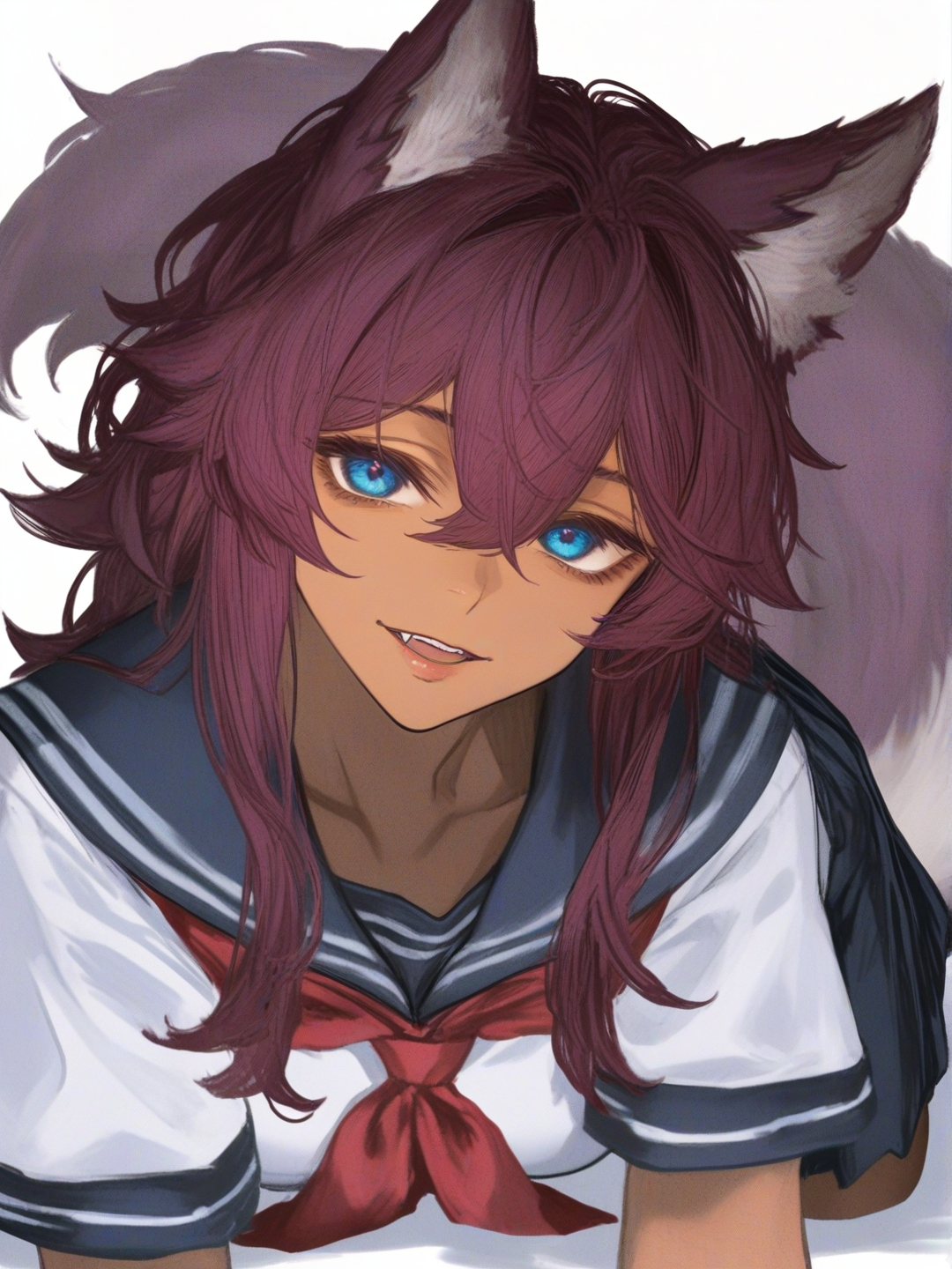 [semi-realistic-portrait-style] 1girl, demon, teenager, short, scrawny, maroon hair, purple hair, blue eyes, dark skin, school uniform, wolf ears, single character, full body, looking at viewer, anime style, simple background, white background