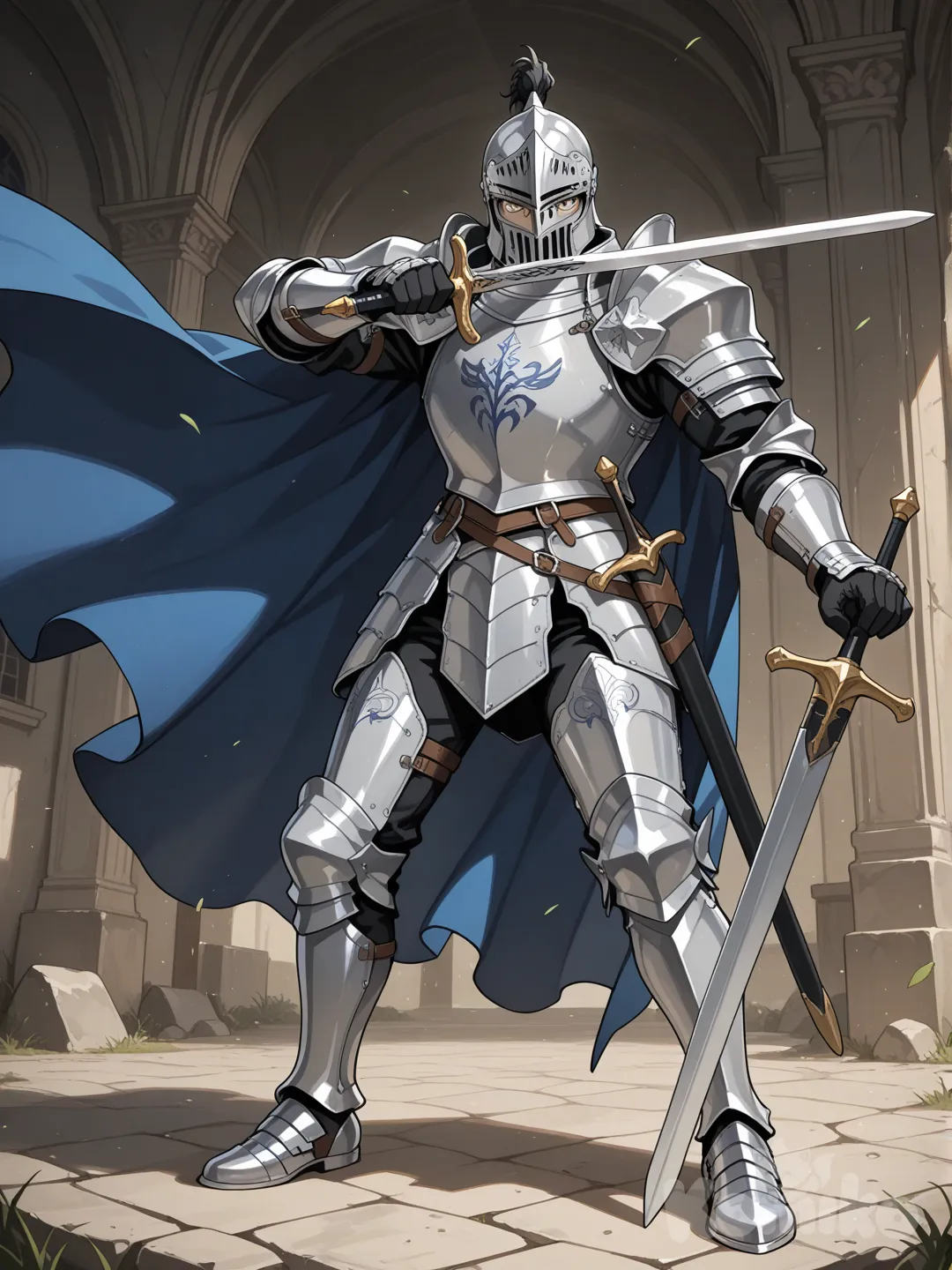 Genera una imagen de un chico de cabello negro,ojos marrones, lleva puesto en traje de caballero plateado y gris,usa una gran capa azul, tiene un casco puesto en la cabeza gris oscuro,tiene una espada,el casco tiene una boquilla metálica que tapa su boca, que este animado al estilo animé isekai,que la imagen sea de pies a cabeza para ver toda la figura