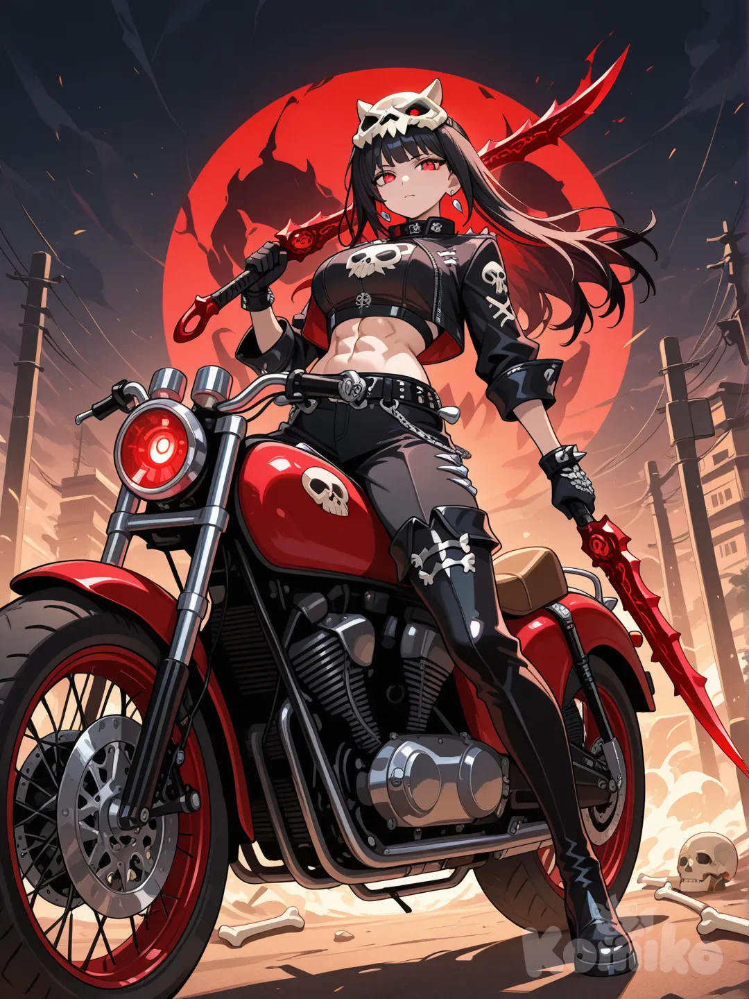 Genera a una chica de cabello largo negro, usa una máscara de craneo con ojos rojos, usa una chaqueta mediana negro con camisa que deja expuesto su abdomen definido, usa pantalón largo negro,su vestimenta tiene detalles de huesos, usa botas altas negras, usa de armas unas Kamas hechas de huesos, en el fondo que este una moto Harvey Davidson fat boy rojo con un cráneo