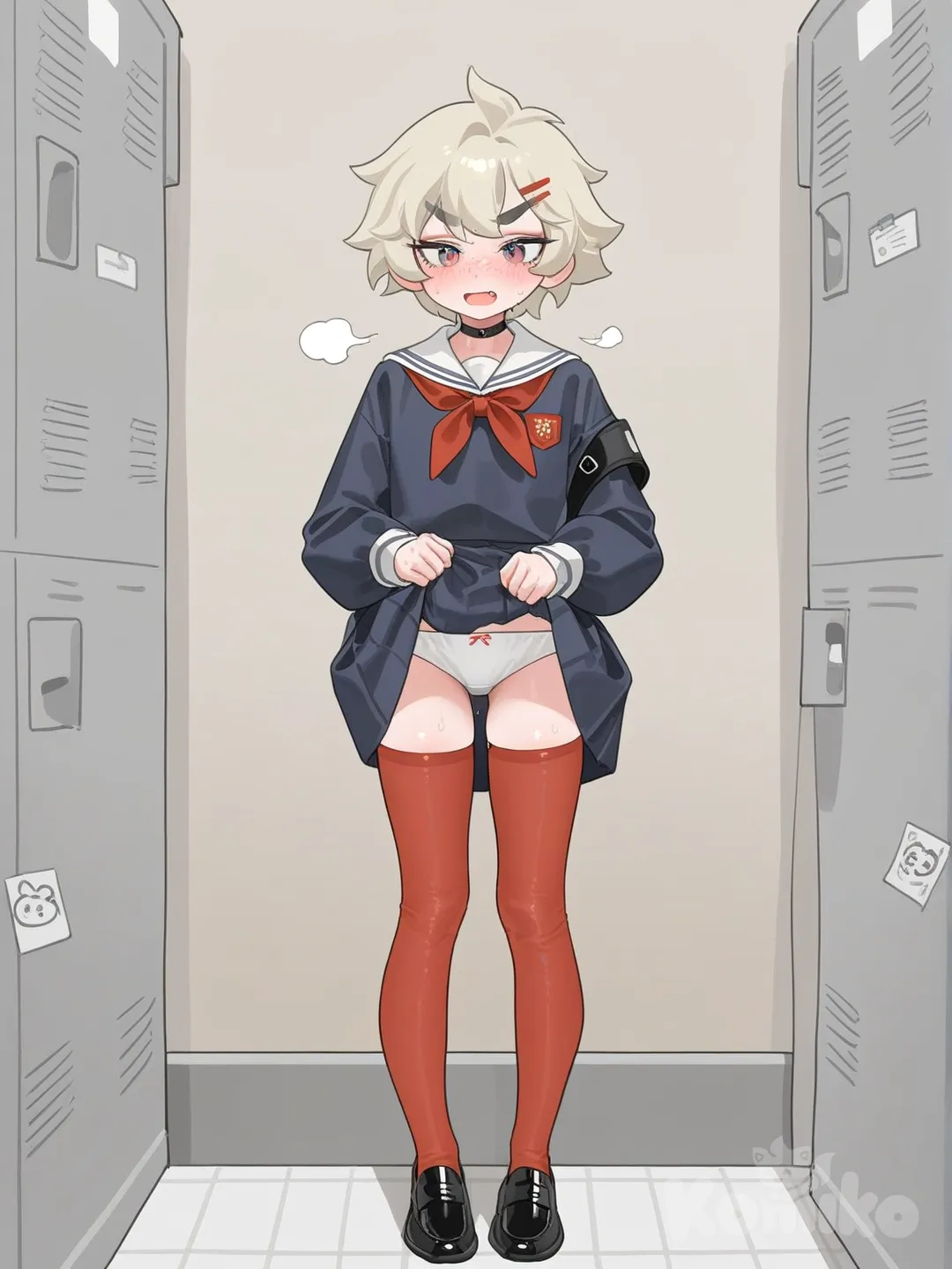 1girl, school uniform, tomboy, tanlines, embarrassed, blonde hair, freckles, fang, petite, full body, stockings, sweaty, locker room, standing, hairclip, thick eyebrows, upskirt, skirt lift, panties