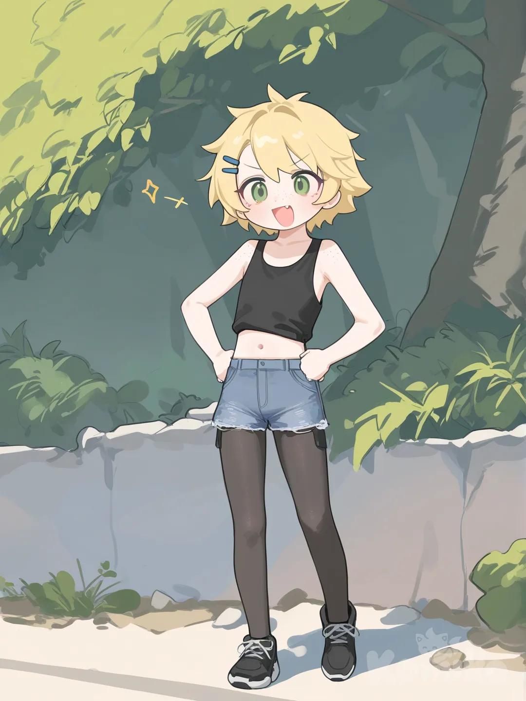 1girl, tomboy, fang, petite, blonde hair, freckles, short hair, hairclip, tanlines, Shorts, tank top, happy, midriff, outdoors, full body, pantyhose