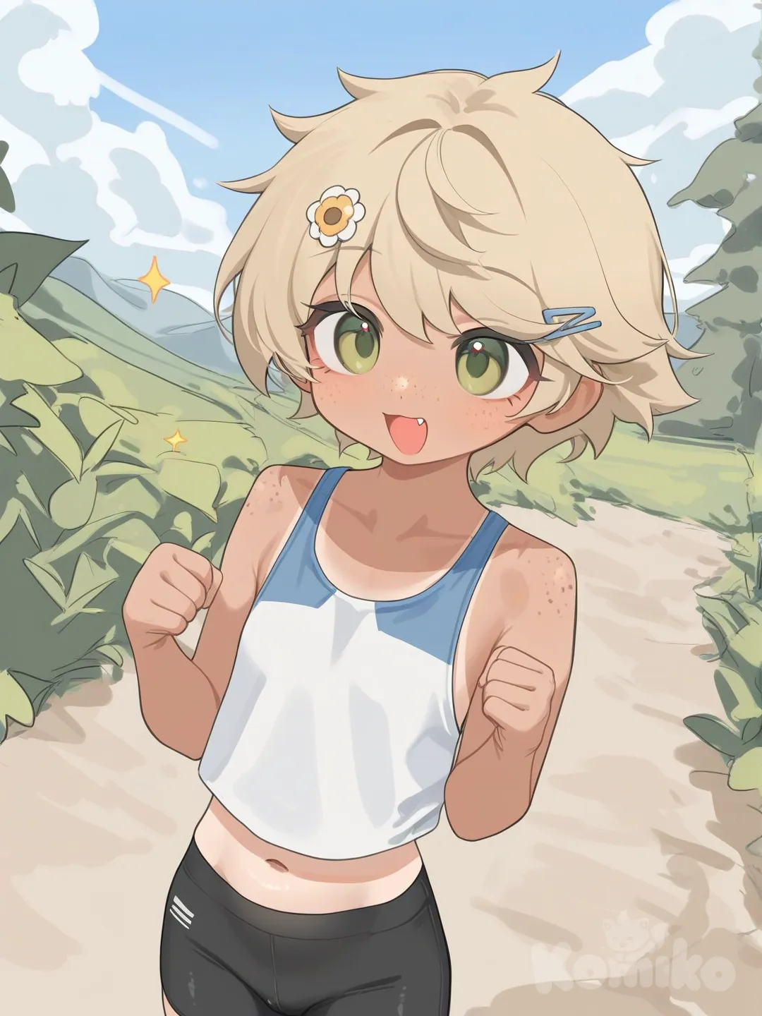 1girl, tomboy, fang, petite, blonde hair, freckles, short hair, hairclip, tanlines, Bike shorts, tank top, happy, midriff, outdoors