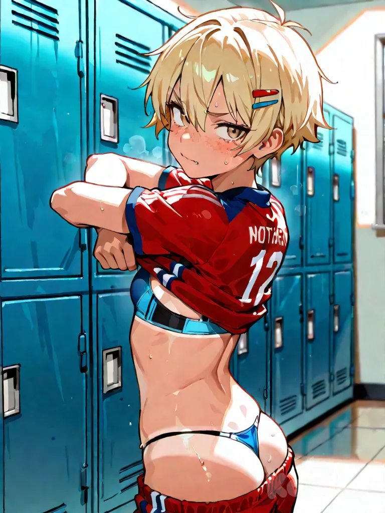 1girl, tomboy, embarrassed, fang, petite, blonde hair, freckles, short hair, hairclip, tanlines, sweat, locker room, soccer uniform, shorts, shirt lift, bra, sports bra, undressing, thong