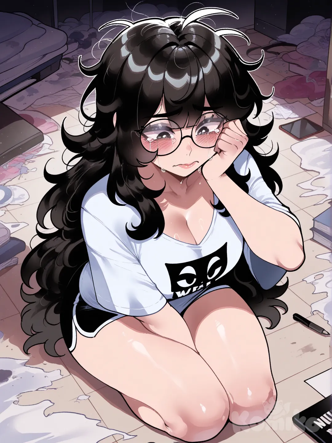 nyantcha, garota fofa nerd cabelo preto longo com franja baguncado ajoelhada no chão chorando de trizteza olhos grandes camisa larga branca com estampa short preto coxas enormes óculos redendo corada vista de cima da pra ver os peitos angulondi dinâmico pose dinâmica limpando o rosto fundo quarto baguncado