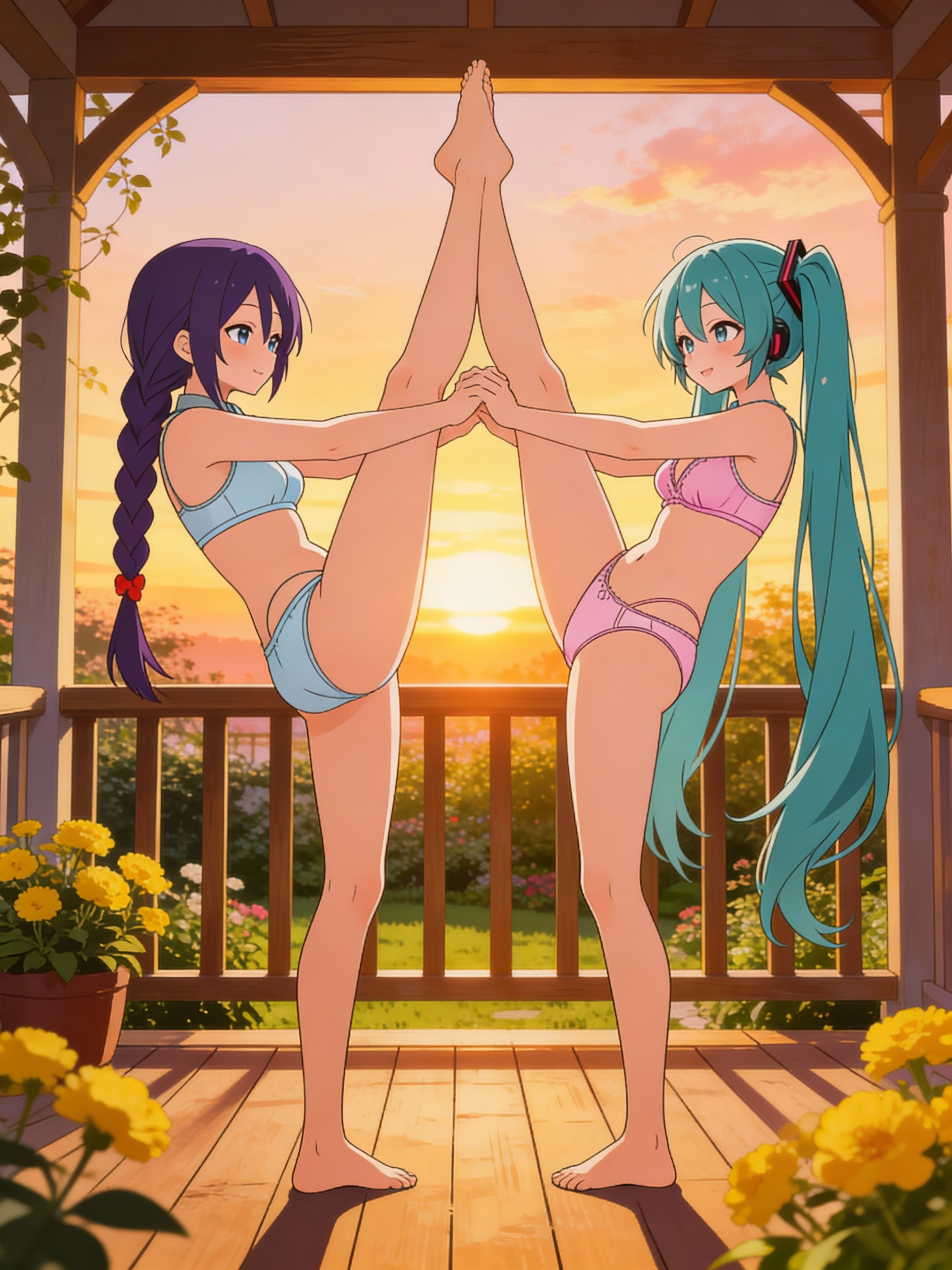 @Flower_(Vocaloid), @Hatsune_Miku 
Qui font du sport en sous vetement qui levant leur jambe qui se touche sur leur peront de jardin sur un soleit qui se leve , [pop-anime-style]